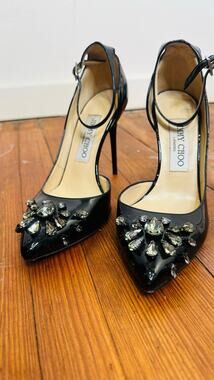 JIMMY CHOO Black Patent Leather Lucy Mix Crystal D'Orsay Pumps Heels size 36